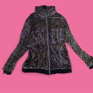 Leopard print velour zip up jacket with rhinestone logo